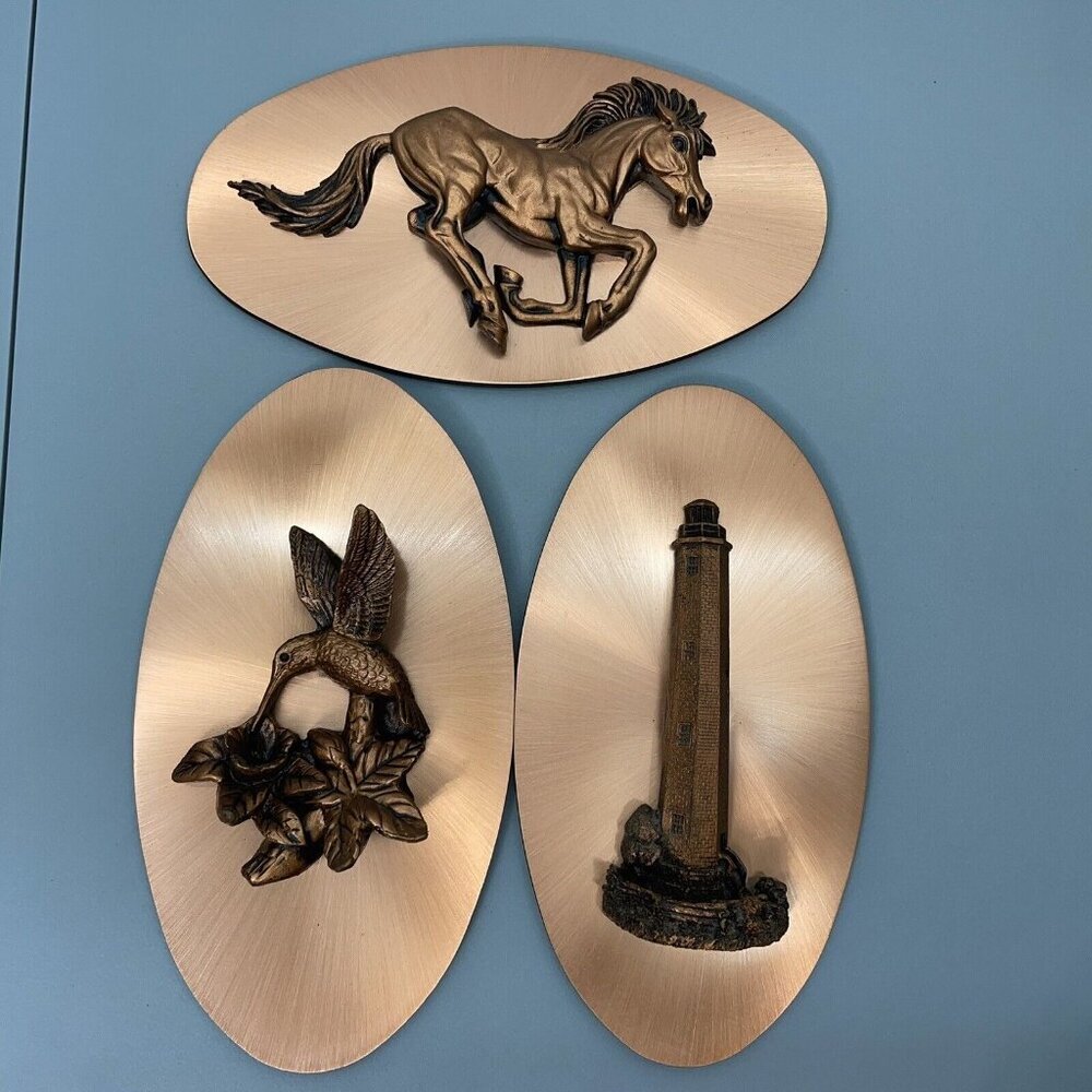 Vintage Copper Wall Art Plaque Oval 3D Home Decor Horse Hummingbird Lighthouse